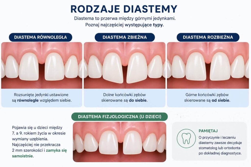 Rodzaje diastemy - ilustracja stomatologiczna przedstawiająca diastemę równoległą, zbieżną, rozbieżną oraz fizjologiczną u dzieci, z opisem ustawienia górnych jedynek i różnic między typami przerwy między zębami